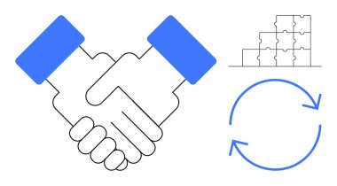 İş birliği. Tokalaşma, bulmaca ve bisiklet simgeleri takım çalışması, ortaklıklar ve süreklilik. Şirket iletişimi, proje planlaması ve yönetim görselleri için mükemmel