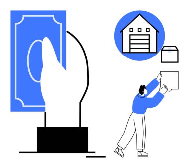 E-ticaret konsepti. E-ticaret işlemleri ödeme, depo depolama ve paket teslimatıyla gösteriliyor. E-ticaret çevrimiçi alışveriş, lojistik ve küresel ticaret. Perakende, teslimat