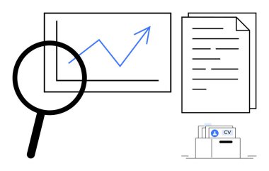 Veri analiz konsepti. Bir büyüteç grafikteki eğilimleri, veri analizini ön plana çıkarır. Belgeler ve CV dosyaları araştırma ve işe alma süreçleri. Analiz, İnsan Kaynakları ve iş büyümesi için mükemmel.
