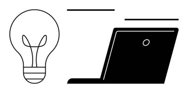 Yenilik, iş çözümleri, teknoloji, uzaktan çalışma, eğitim, yaratıcı düşünce. Laptopun yanında en az siyah-beyaz ampul. Yenilik ve iş çözümleri