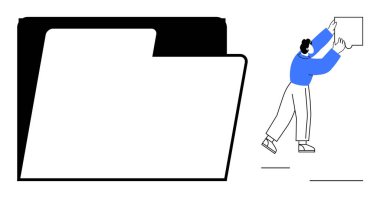 Veri yönetimi konsepti. Elementleri düzenleyen kişi içeren büyük klasör simgesi. Veri yönetimi dosya organizasyonunu, depolamayı ve verimli arşivlemeyi destekler. iş, üretkenlik, dijital