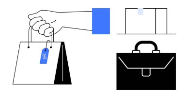 Alışveriş, perakende satışlar, indirimler, e-ticaret, iş, pazarlama. Çanta ikonunun yanında indirim etiketi olan bir alışveriş çantası tutan bir el. Alışveriş ve perakende satış kavramları sunar