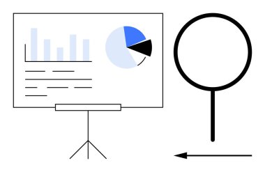 Veri analizi grafik. Çizelgeler, grafik ve pasta grafiği ile veri analizi. Veri analizi, araştırma ve iş sunumları için bir büyüteçle birleştirildi. Analiz için ideal