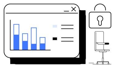 Veri koruması, işyeri analizleri, dijital güvenlik, gizlilik yönetimi, bilgi erişimi, iş eğilimleri. Bir bar grafiği, kilitli asma kilit ve ofis koltuğu. Veri koruması ve işyeri