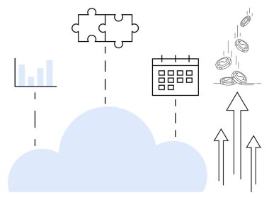 İş analizleri, bulut teknolojisi, veri çözümleri, finansal büyüme, işbirliği araçları, verimlilik. Yapboz parçaları, takvim paraları, oklar ve çizelgeler için ikonlu mavi bulut. İş dünyası