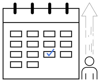 Hedef planlama, verimlilik, kariyer büyümesi, programlama, görev yönetimi, başarı. İşaretli bir takvim ve yukarı doğru ok olan bir kişi. Hedef planlama ve üretkenlik