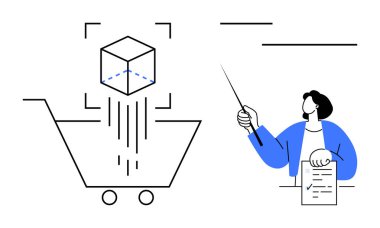 Kağıtta el kol hareketi yapan bir kadın, e-ticarete 3 boyutlu entegrasyonu açıklıyor. Perakende yenilik, çevrimiçi alışveriş, 3D baskı, iş eğitimi, teknoloji gelişimi, ürün tasarımı için ideal