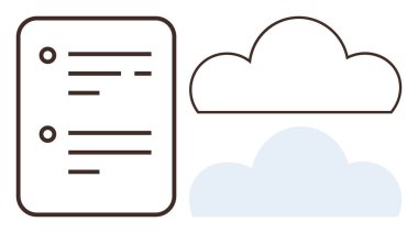 Dijital depolamayı, veri erişimini ve hesaplamayı sembolize eden bulut şekillerinin yanında metin satırları bulunan belge. Teknoloji, organizasyon, yenilik, bulut hesaplama, basitlik için ideal