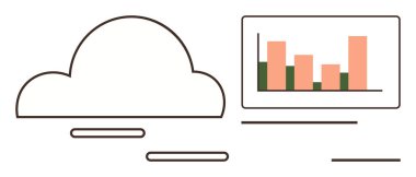 Bulut şekli, bulut depolama ve analitik çizelgelerini gösteren bir veri panelinin yanında. Teknoloji, veri görselleştirme, bulut hesaplama, dijital trendler, yenilik, iş dünyası için ideal