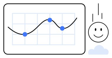 Veri trendleri. Izgarayla düz çizgi grafiği ve pozitif bir gülen yüz simgesi ile tamamlanmış veri eğilimlerini gösteren çizgili noktalar. Finans, eğitim, iş analizi ve pazarlama için veri eğilimleri