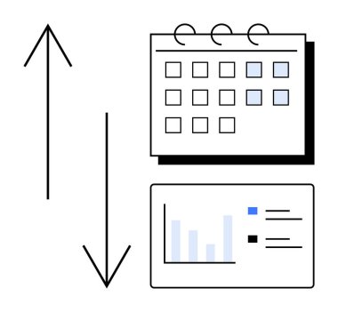 Vurgulanmış tarihler, bar çizelgesi, metin verisi, yukarı ve aşağı doğru okları olan takvim. Zaman yönetimi, analitik, hedef belirleme, verimlilik planlama iş akışı karar verme süreci için idealdir. Çok basit.