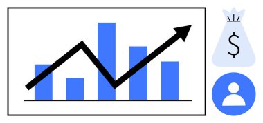 Para torbası ve kullanıcı profili simgeleriyle birlikte büyüme oku çizelgesi. Ticari büyümeyi, analitiği, finansmanı, pazarlama stratejisini, girişim gelişimini temsil eder. Sunumlar için ideal