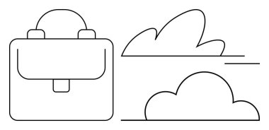 İş çözümleri, teknoloji, dijital depolama, bulut hesaplama, veri yönetimi, kurumsal araçlar. Bir evrak çantası ve iki bulut. İş çözümleri ve teknoloji kavramı