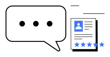 Üç noktalı konuşma balonu, profil fotoğrafı ve beş yıldızlı bir belge. Geri bildirim, müşteri hizmetleri, çevrimiçi derecelendirme, iletişim, değerlendirmeler, değerlendirmeler ve ifadeler için ideal