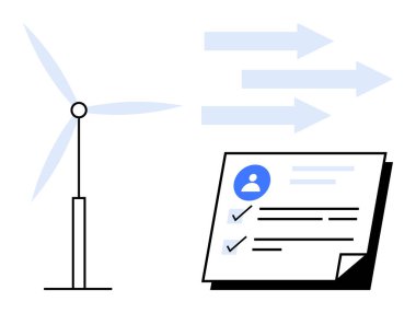 Rüzgar türbini tamamlanmış kontrol listesi belgesinin yakınlarındaki enerjiyi temsil eden oklar üretiyor. Sürdürülebilirlik, yenilenebilir enerji, çevre stratejisi, yenilik, planlama, enerji verimliliği için ideal