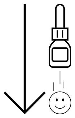 Göz damlası konsepti. Gülen bir yüze uygulanan oku işaret eden bir göz damlası. Göz damlası sağlık, bakım, tedavi, sağlık ve tıbbi amaçlar için kullanılır.