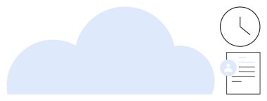 Bulut depolama, zaman yönetimi, kullanıcı verileri, dijital organizasyon, bulut teknolojisi, kişisel kayıtlar. Mavi bulut, saat kullanıcı profili ve belge. Bulut depolama ve zaman yönetimi kavramı