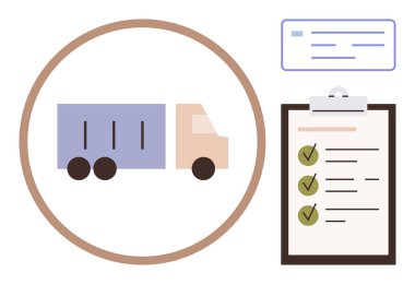 Çember içinde bir kamyon, işaretli kontrol listesi ve lojistik, teslimat ve tedarik zincirini belirten dijital bir belge. Nakliye, ulaşım, envanter, planlama uygunluğu için ideal