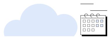 Bir takvim simgesine bağlı minimalist bulut grafiği, senkronizasyonu, planlamayı ve teknolojiyi sembolize ediyor. Üretkenlik, zamanlama, veri depolama, organizasyon, takım çalışması için ideal