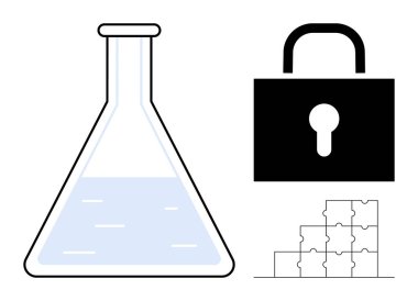 Bilim ve güvenlik kavramı. Kimyasal bir şişeyle bilim, asma kilit ile güvenlik ve bulmaca parçalarıyla birbirine bağlı çözümler. Araştırma, veri için bilim, güvenlik ve problem çözme