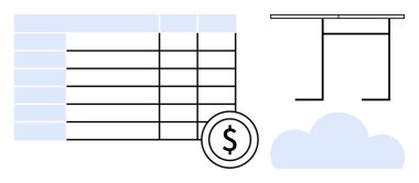 Finansal yönetim, bulut hesaplama, veri depolama, ekonomik analiz, iş araçları, muhasebe süreçleri. Bir dolarlık madeni para sembolü ve bulut simgesi olan bir masa yapısı. Mali yönetim