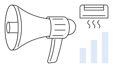 İletişim konsepti. İletişim sembolleri arasında megafon, klima ve analitik grafik de var. İş için iletişim, pazarlama stratejileri ve sezgiler. Terfi için.