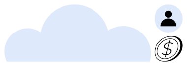 Veri depolama, bulut hesaplama, dijital hesap yönetimi, siber güvenlik, finansal teknoloji, ağ oluşturma. Kullanıcı figürü ve dolar simgesiyle büyük bulut şekli. Bulut hesaplama ve veri depolama