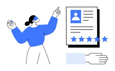 Profil belgelerinin yanında fotoğraf ve derecelendirme yıldızlarıyla el kol gezen bir kadın. Kullanıcı geribildirimi, performans değerlendirmesi, kalite kontrolü sunar. İnsan Kaynakları için ideal, işe alım, değerlendirmeler, kariyer rehberliği, derecelendirme