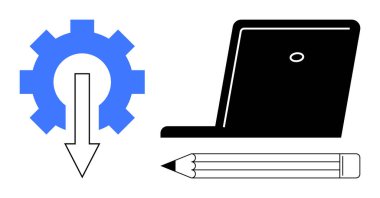 İş akışı verimliliği, dijital araçlar, otomasyon, ofis verimliliği, teknoloji entegrasyonu, eğitim. Mavi dişli, oklu, siyah dizüstü bilgisayar kalem ikonu. Çalışma akışı verimliliği ve dijital araçlar kavramları