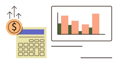 Hesap makinesi ve bar çizelgesi artan dolar işaretleriyle finansal verileri gösteriyor. Finans, muhasebe, yatırım, karlılık, bütçe, iş stratejisi ve ekonomik büyüme için idealdir. Basit düz