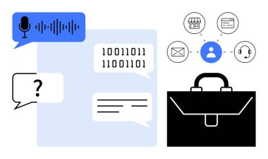 İş iletişimi, dijital araçlar, teknoloji ağı, konuşma tanıma, müşteri desteği, ikili kodlama. Konuşma baloncukları, ikili sayı kullanıcı simgeleri çanta ve bağlantılar. İş dünyası