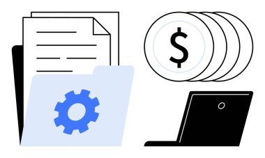 İş operasyonları, finansal yönetim, teknoloji çözümleri, veri örgütü, çevrimiçi işlemler, dijital çalışma alanı. Belgeler, madeni paralar ve dizüstü bilgisayarın olduğu bir klasör. İş işlemleri