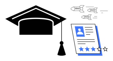 Mezuniyet şapkası eğitimi simgeler, roketler siber güvenlik tehditlerini simgeler DDoS 'u onaylar, kariyer değerlendirmesini yansıtır. Eğitim, güvenlik, çevrimiçi riskler, teknoloji ve başarı için ideal