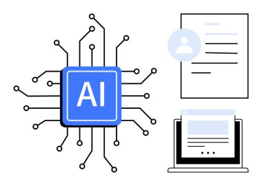 Yapay zeka, dijital dönüşüm, otomasyon, makine öğrenimi, veri analizi, iş akışı. Yapay zeka çipi devre, belgeler ve dizüstü bilgisayarla birleştirildi. Dijital dönüşüm