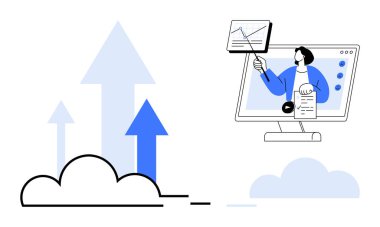 İş büyümesi konsepti. İş büyümesi dijital araçlarla, yukarı doğru oklarla başarı ve analitik görsellerle sergileniyor. Yönetim, pazarlama, teknoloji, strateji ve yenilik için iş büyümesi