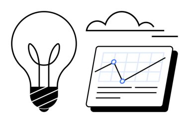 Ampul, dijital ekrandaki çizgi grafiğinin yanında bir bulutla tamamlanmış iki veri noktasını sembolize ediyor. Yenilik için ideal, veri analizi, teknolojik büyüme, strateji, bulut hesaplama