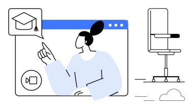 Çevrimiçi öğrenme, uzaktan eğitim, e-öğrenme platformları, dijital eğitim, sanal sınıflar, işyeri kurulumu. Mezuniyet şapkası simgesini ofis sandalyesiyle gösteren kişi. Çevrim içi öğrenim