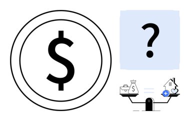 Finansal karar verme. Bir dolar işareti, soru işareti ve denge ölçeği finansal tercihler ve etkileri kavramını araştırır. Finansal planlama, bütçe ve ekonomik kararlar. Harika.