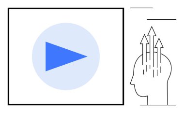 Multimedya konsepti. Mavi düğme dijital içerik ve yayın. Kafa şekli, oklar, yenilikler ve fikirler. Medya, yaratıcılık, teknoloji, büyüme kavramları, eğitim ve strateji için harika