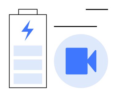 Enerji tasarrufu, dijital medya, video akışı, pil kullanımı, içerik oluşturma, teknoloji kavramları. Yıldırımlı ve video ikonlu mavi bir pil. Enerji tasarrufu ve dijital ortam kavramı