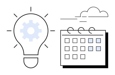 İçinde teçhizat olan ampul, planlama için bir takvimle eşleştirilmiş yeniliği simgeler. Bulutlar fikirleri, büyümeyi ve öngörüyü akla getiriyor. Yaratıcılık, iş, strateji, takım çalışması için ideal