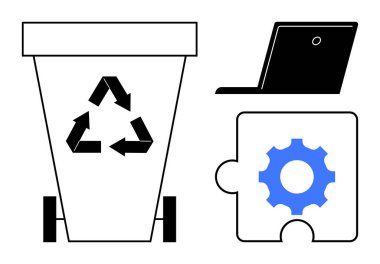 Geri dönüşüm, sürdürülebilirlik, e-atık yönetimi, teknoloji yeniden amaçlama, çevre koruma, yenilik. Geri dönüşüm logosu, dizüstü bilgisayarı ve bulmaca teçhizatı sembolü olan bir çöp kutusu. Geri dönüşüm ve e-atık