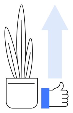 Büyüme konsepti. Büyüme, saksıda yetişen bir bitki, baş parmaklar yukarı ve yukarı doğru bir ok tarafından sağlanır. Kişisel hedeflerde büyüme, iş başarısı, ya da yaratıcı fikirlerde ilerleme. İş için, motivasyon kişisel gelişim