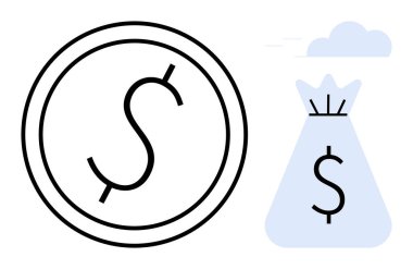 Para ve para çantasını simgeleyen dolar işaretleri mali birikimleri, yatırımı, bankacılığı, çevrimiçi işlemleri, iş büyümesini, gelir üretimini ve zenginlik yönetimini simgeliyor. Finans ve iş için ideal