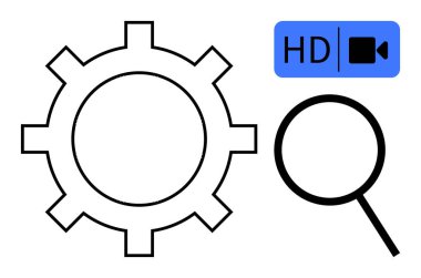 Vites, büyüteç ve HD video işareti optimizasyonu, aramayı, berraklığı ve hassasiyeti sembolize eder. Teknoloji için ideal, yenilik SEO araştırma mühendisliği video keşfi. Basit düzlüğü temizle