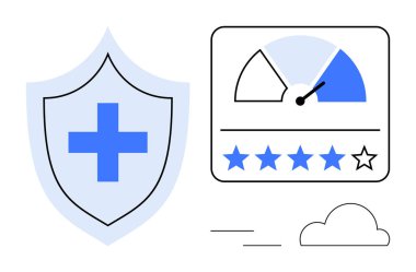 Güvenlik kavramı. Kalkanlı ve çapraz güvenlik, yıldızlı müşteri reytingleri ve hız ölçer. Dijital hizmetler için güvenlik, bulut sistemleri, veri koruması, performans analizi