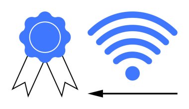Kablosuz sertifika. Ödül kurdelesiyle eşleştirilmiş kablosuz bir sembolle görsel kablosuz sertifika. Teknoloji, eğitim, iş ve güvenlik alanlarında kablosuz sertifika. Teknoloji uygulamaları için harika.