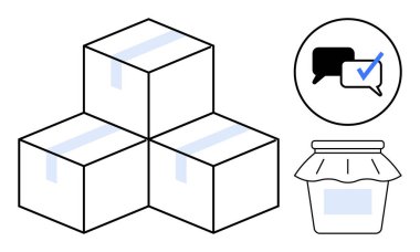 Yığınla karton kutu, iletişim işaretli sohbet baloncukları ve depolama kavanozu. Lojistik, iletişim, ecommerce, ambalaj, dağıtım doğrulama mesajları için ideal. Basit düz
