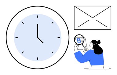 Zaman yönetimi konsepti. Saatin düzeni ve dakikliği. Bir kişi üretkenliği arttırmak için bir profili incelerken, e-posta iletişimi. İş yeri, eğitim, verimlilik, takım çalışması, planlama için