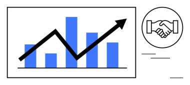 İş büyümesi. Büyüme grafiği yükselen eğilimi gösteriyor. El sıkışma sembolü ortaklık ve ilerlemeyi vurguluyor. Büyüme kavramları finansal başarı, strateji, analitik ve takım çalışmasını destekliyor. İdeal